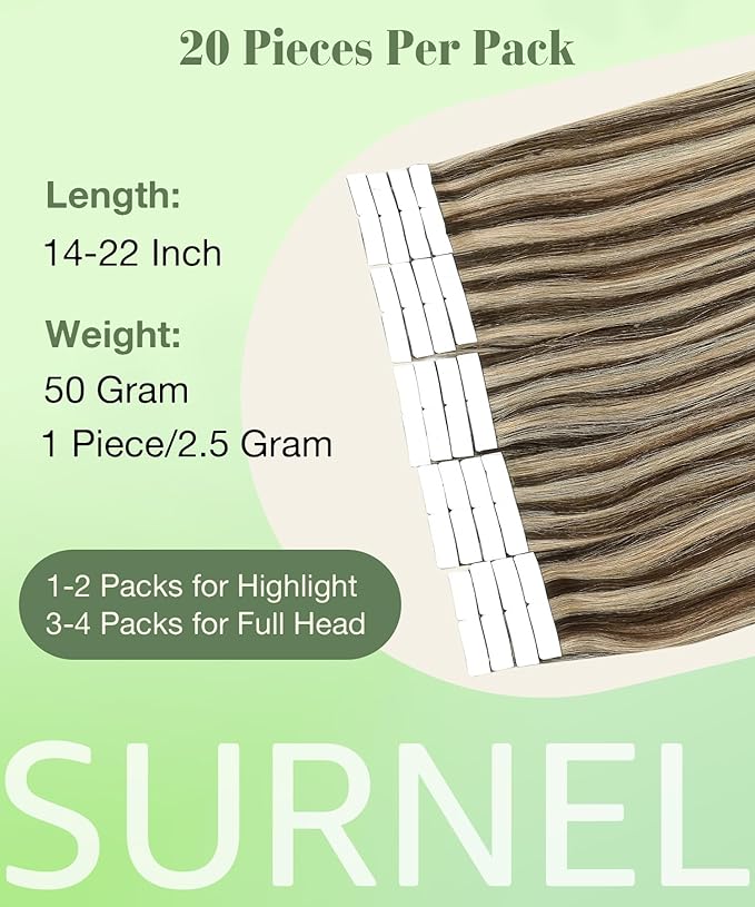 SURNEL Tape in Hair Extensions Human Hair Color 4 Medium Brown Highlighted 27 Caramel Blonde 20 Inch Remy Tape in Hair Extensions 20 pcs 50g(#4P27-20)