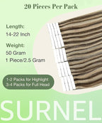 SURNEL Tape in Hair Extensions Human Hair Color 4 Medium Brown Highlighted 27 Caramel Blonde 20 Inch Remy Tape in Hair Extensions 20 pcs 50g(#4P27-20)