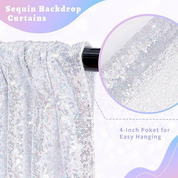 Laser Silver Sequin Backdrop Curtains Party Glitter Drapes 2 Pcs 2FTx8FT | - Image 4