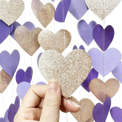 Champagne Gold Purple Heart Party Decorations Glitter Paper Love Heart Hanging - Image 3