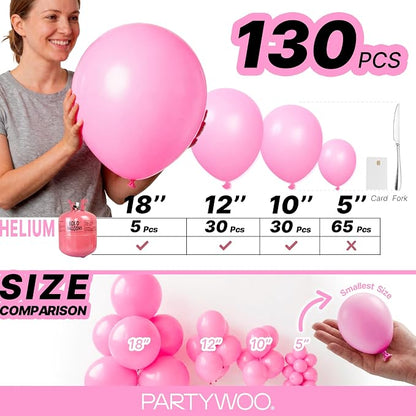 PartyWoo Pink Balloons 130pcs Matte Pink Different Sizes 18 12 10 5 Inch | - Image 6