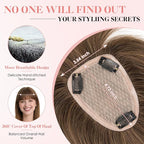 Hairro Human Hair Toppers with Wispy Bangs, 3.5x4.7" Hand-wovened Base for Women with Thinning Hair, Lightweight & Breathable Realistic Scalp, Clip-in Hairpieces for Easy Wear, 10 Inch Cocoa Brown