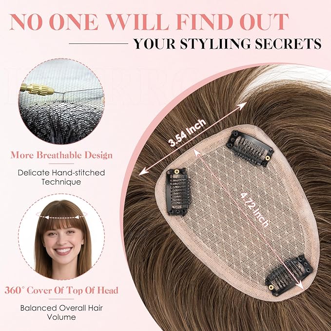 Hairro Human Hair Toppers with Wispy Bangs, 3.5x4.7" Hand-wovened Base for Women with Thinning Hair, Lightweight & Breathable Realistic Scalp, Clip-in Hairpieces for Easy Wear, 14 Inch Cocoa Brown