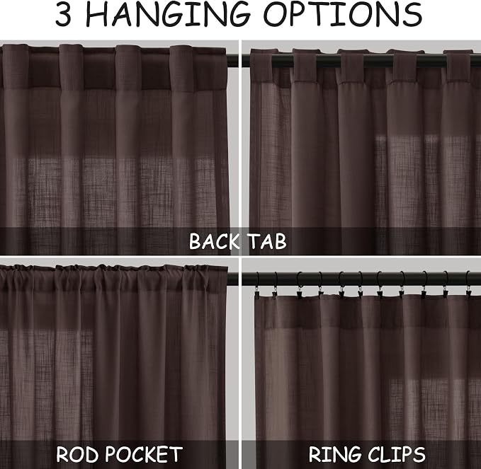 Coffee Linen Curtains 80 Inch Length 2 Panels Set Back Tab Rod Pocket Textured - Image 3