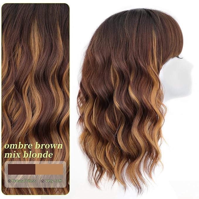 AISI HAIR Curly Bob Wig with Bangs Ombre Brown Mix Blonde Color Short Wavy Wigs for Women Bob Style Synthetic Heat Resistant Bob Wigs