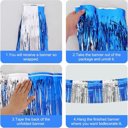 BEISHIDA Blue Silver Fringe Garland Banner 30ft Wall Tinsel Foil Streamers | - Image 3