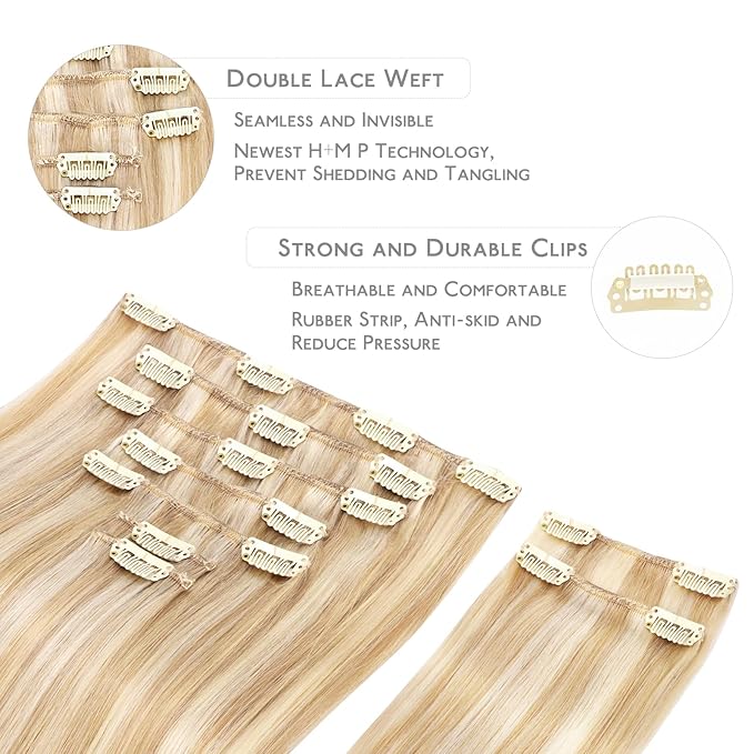 WENNALIFE Hair Extensions Clip In, 9pcs 14inch 150g Dirty Blonde Highlighted Bleach Blonde Thicker Clip In Hair Extensions Real Human Hair Remy hair extension Double Weft Clip in Human Hair Extensions