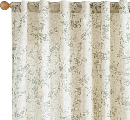 Green Vintage Floral Linen Curtains Farmhouse 50W X 84L 2 Panels | Elisa Series by Lazzzy