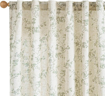 Green Vintage Floral Linen Curtains Farmhouse 50W X 63L 2 Panels | Elisa Series by Lazzzy