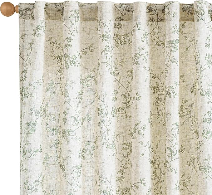 Extra Long Green Vintage Floral Linen Curtains Farmhouse 2 Panels | Elisa Series by Lazzzy