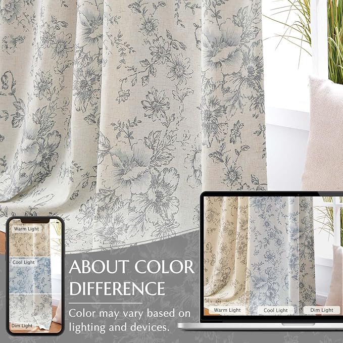 jinchan Grey Floral Linen Blackout Curtains Lined 90 Inch Back Tab 2 Panels | - Image 6
