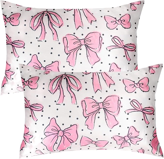 Bow Pink Satin Pillowcase for Hair & Skin Care, Standard Size Set of 2 - Luxurious Satin Pillow Cover with Envelope Closure(20x26 Inches)
