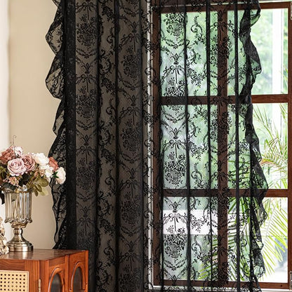 Deeprove Black Lace Curtains 96 Inch Length Set of 2 Panels Pair - Image 2