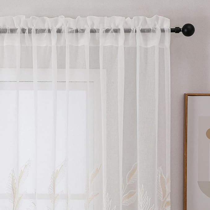 White Sheer Curtains Beige Embroidered Leaf 2 Panels 84 Inches | Light - Image 3