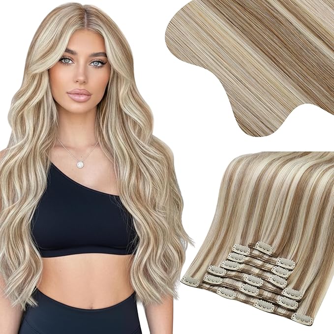 Moresoo Clip in Hair Extensions Remy Double Weft Human Hair Clip in Extensions Straight Hair Extensions for Women Light Brown Highlights with Blonde 7pcs 150g 20inch