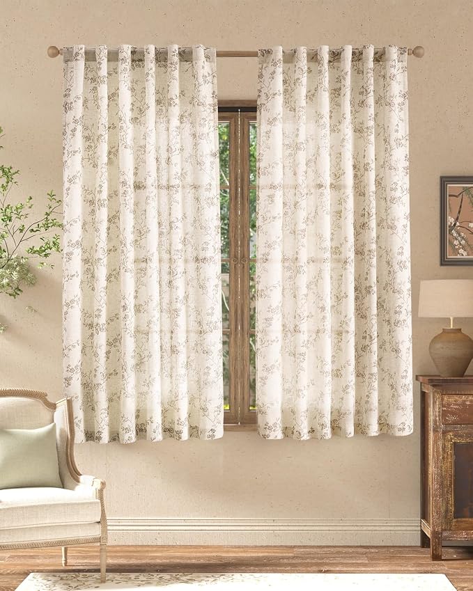 jinchan Taupe Floral Linen Curtains 63 Inch Farmhouse Back Tab 2 Panels | by JINCHAN