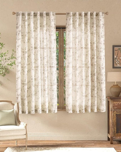 jinchan Taupe Floral Linen Curtains 63 Inch Farmhouse Back Tab 2 Panels | by JINCHAN