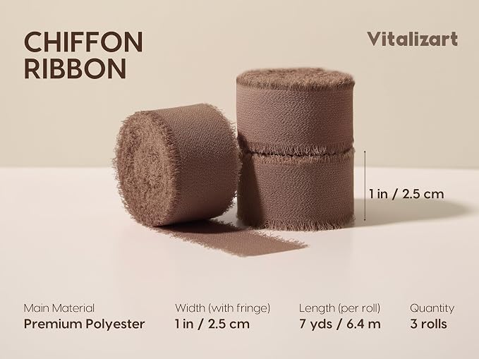 Vitalizart Brown Chiffon Silk Ribbon 1" x 21 Yd Handmade Frayed Fringe | Rustic - Image 2