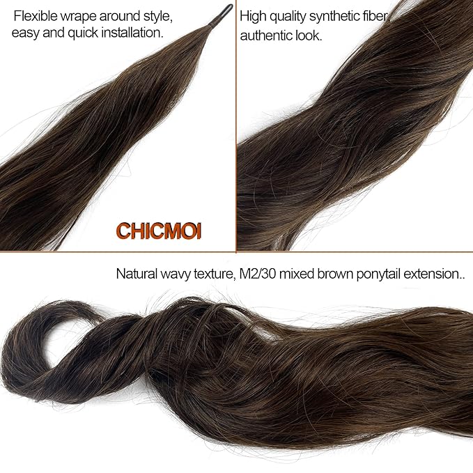 Chicmoi Brown Ponytail Extainson 32 Inch Flexible Wrap Around Ponytail Hair Extension Long Wavy Pony Tails hair Extension Synthetic Hairpieces For Women and Girls
