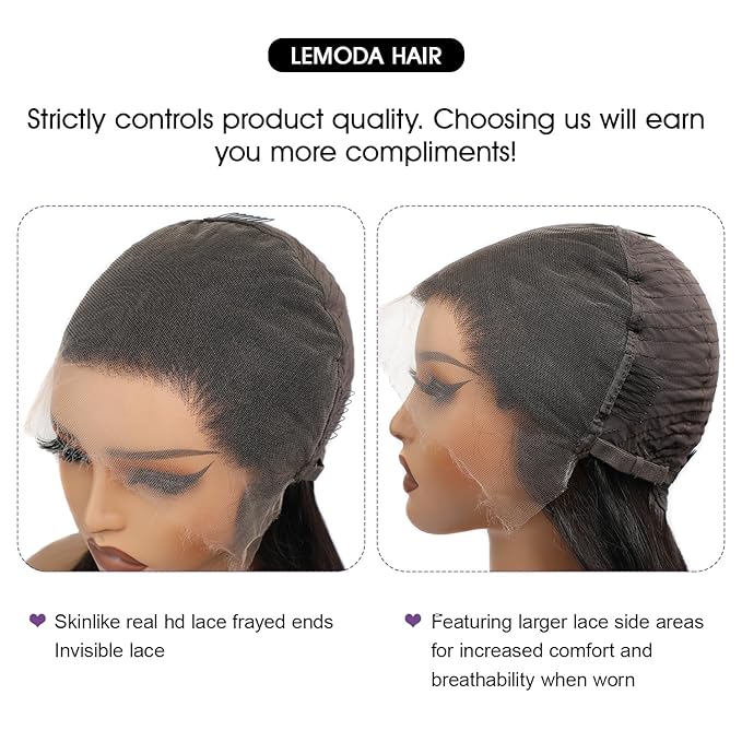 Lemoda Full 13x6 SKINLIKE Real HD Lace Frontal Wigs 210% Density 15A Straight 13x6 Full Lace Frontal Virgin Human Hair Wigs 20Inch Invisible 0.1mm Ultra-thin Knots Frayed Ends Lace Wig