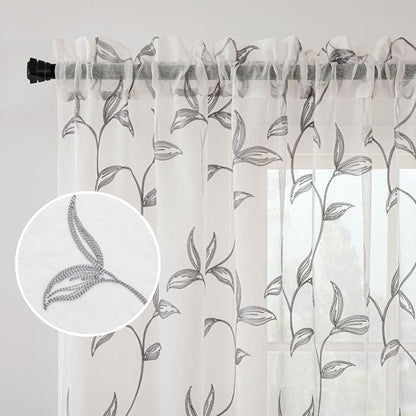 Sheer Curtains Boho Leaf Floral Embroidered Grey 54Wx102L | Light Filtering - Image 4