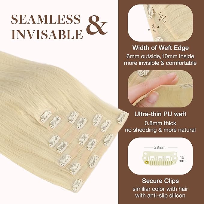 GOO GOO Clip in Hair Extensions Real Human Hair, Remy Human Hair Extensions Clip ins for Women, Natural Human Hair, 16inch 130g 7Pcs, 60A Platinum Blonde