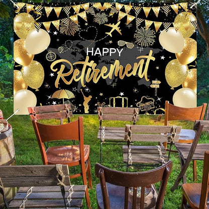 Mocsicka Retirement Party Decorations Black and Gold Happy Retirement Backdrop - Image 3