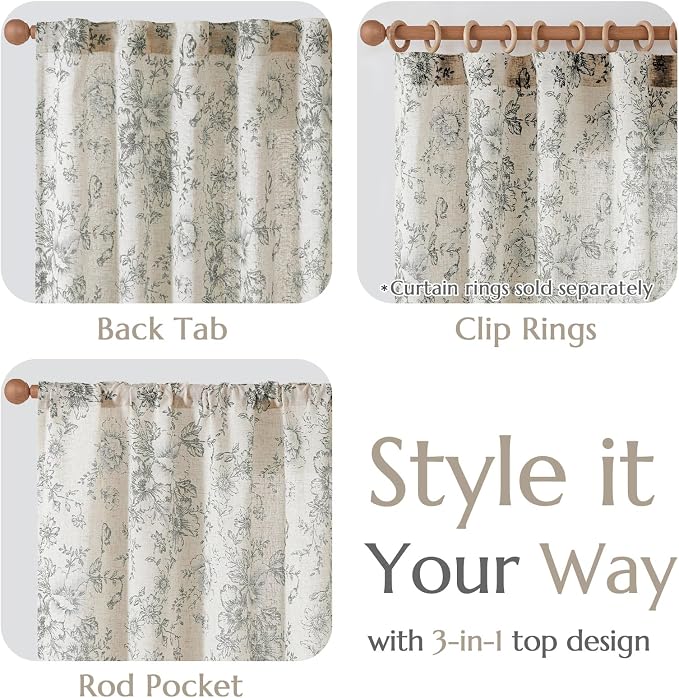 jinchan Gray Floral Linen Curtains Lined 84 Inch Vintage Back Tab 2 Panels | - Image 6