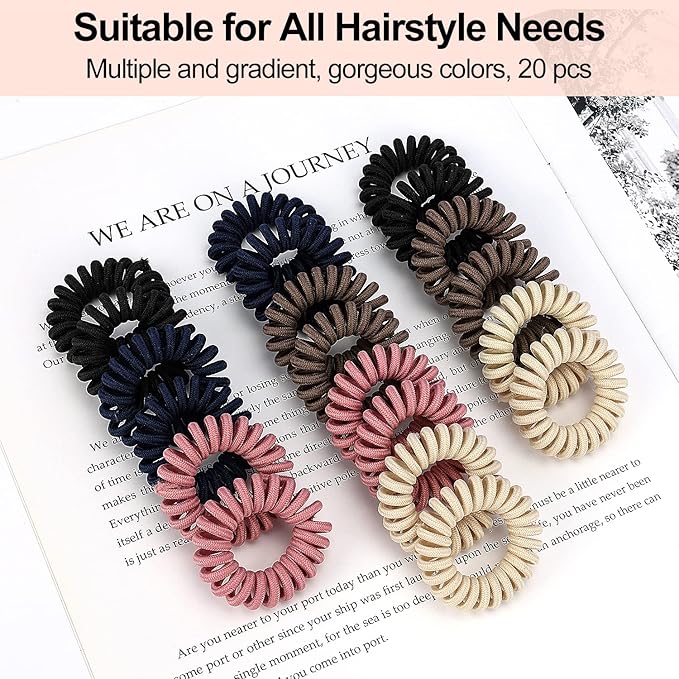 JessLab Spiral Hair Ties, 20 Pcs Traceless Phone Cord Hair Ties No Crease Spiral Bracelet Plastic Coil Ponytail Holders No-Damage Headband Hair Accessory for Girls Women Ladies Gift (Fabric Covered)