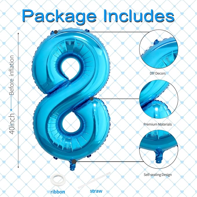 40 Inch Blue Number 8 Balloon, Giant Number Balloons, Birthday Decorations | - Image 3