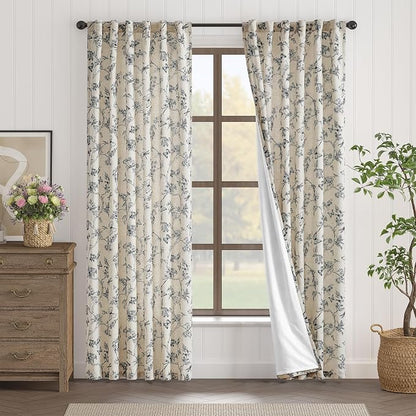 Black Floral Linen Lined Curtains Rod Pocket 50W X 90L 2 Panels | Charlotte - Image 2