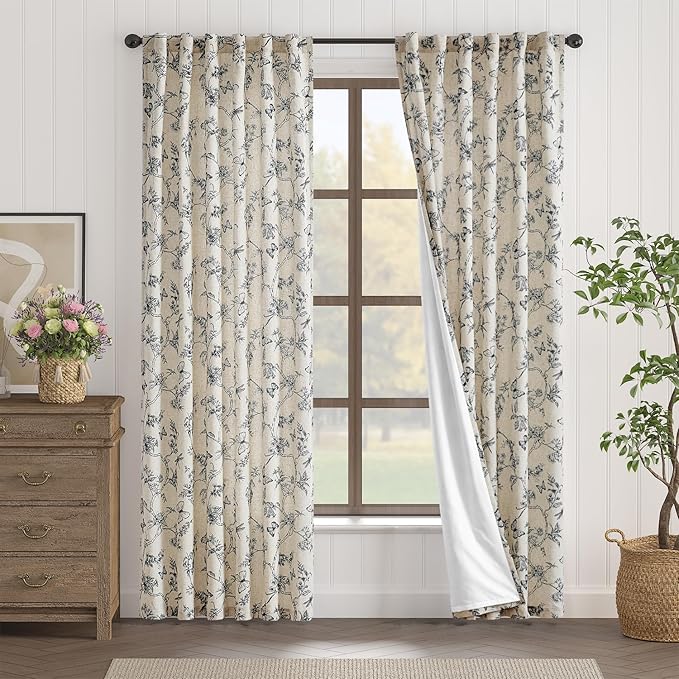 Black Floral Linen Lined Curtains Rod Pocket 50W X 84L 2 Panels | Charlotte - Image 2