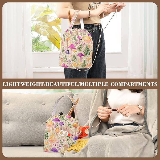 Mushroom Colorful Pattern Yarn Bag Small Crochet Bag Drawstring Yarn Storage - Image 5