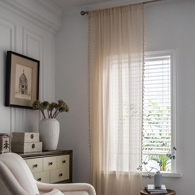 Sutuo Home Beige Boho Curtains Crochet Lace Semi-Sheer Bohemian Hollow Knitted - Image 2