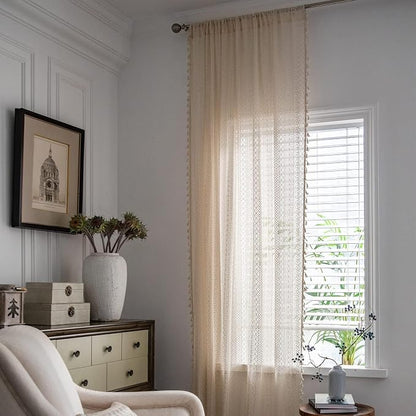 Sutuo Home Beige Boho Curtains Crochet Lace Semi-Sheer Bohemian Hollow Knitted - Image 2