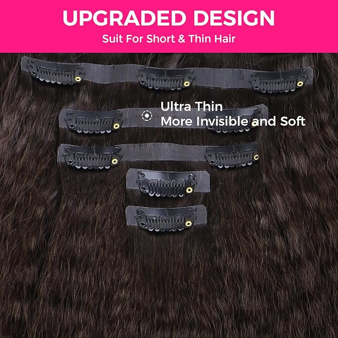 Lashey Seamless Clip in Hair Extensions Human Hair #2 Dark Brown Kinky Straight Clip in Hair Extensions Real Human Hair 7pcs 110g 24 Inch PU Weft Clip ins for Women