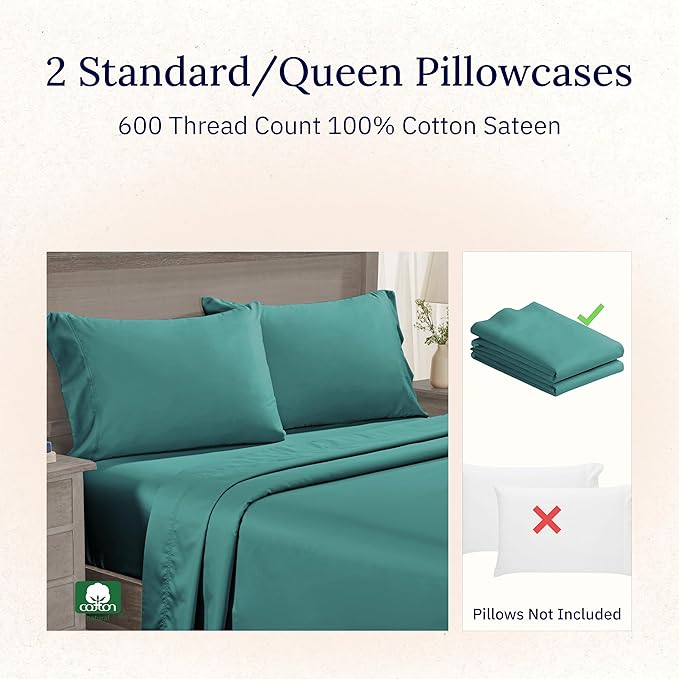 California Design Den Queen/Standard Pillow Cases Set of 2 - Premium 600 Thread Count, Soft 100% Cotton Queen Size Pillow Case, Crisp Sateen, Fits Standard & Queen Pillows - Teal