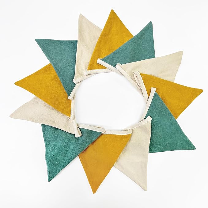 2 Sets of Yellow Green Nursery Garland Fabric Baby Banner 24Pcs Linen Triangle - Image 8