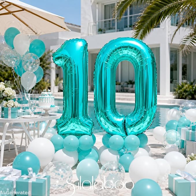 40 Inch Big Teal Blue Number 10 Foil 0-9 Mylar Helium Balloons | Large Digital - Image 3