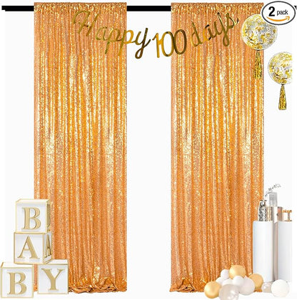 ShinyBeauty Gold Sequin Backdrop Curtain 2 Panels 4x7ft Party Background | 4" by ShinyBeauty
