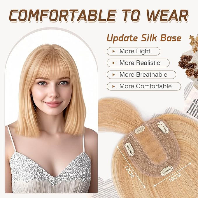 Rich Choices Real Human Hair Toppers for Women With Bang 100% Remy Human Hair Topper for Thinning Hair Clip in Silk Base Hair Topper 16 Inch #18P613 Ash Blonde Mix Bleach Blonde