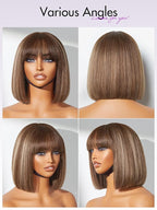 LUVME HAIR 10 Inch Yaki Straight Bob Wig with Bangs Ash Blonde Highlights Blunt Cut Bob Wig Human Hair Glueless HD Lace Bob Wig Ready to Go Short Wigs For Women 180 Density (Breathable Cap)