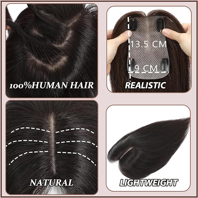 Hair Toppers for Women Real Human Hair, 360° 3D Human Hair Toppers for Women with Thinning Hair Upgrade Middle Part Clip in Bangs (Mocha Brown NEW, 18 Inch-3D-Side)