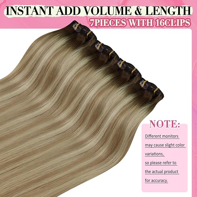 YoungSee Balayage Clip in Hair Extensions Walnut Brown Ombre Light Brown with Blonde Clip in Extensions Balayage Real Hair Extension Clip in Human Hair for Short Hair 12Inch 85G 7Pcs