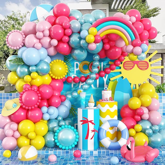 155 Pcs Summer Rainbow Balloons Arch Kit, Hot Pink Teal Blue and Yellow Neon by Jobkoo