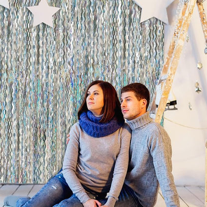2 Pack Silver Backdrop Curtain Tinsel Streamers Sparkle Metallic Wavy Foil - Image 6