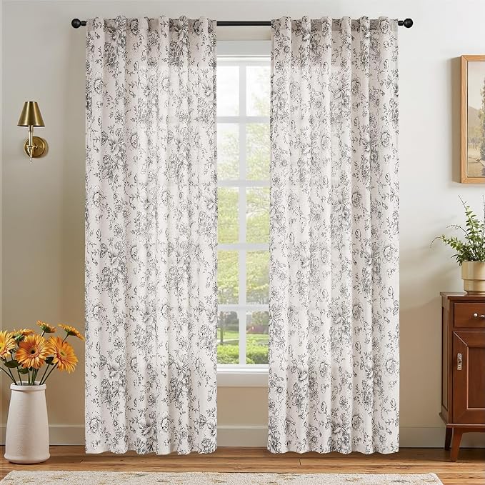 jinchan Black Floral Linen Curtains 84 Inch Farmhouse Back Tab 2 Panels | Light - Image 7