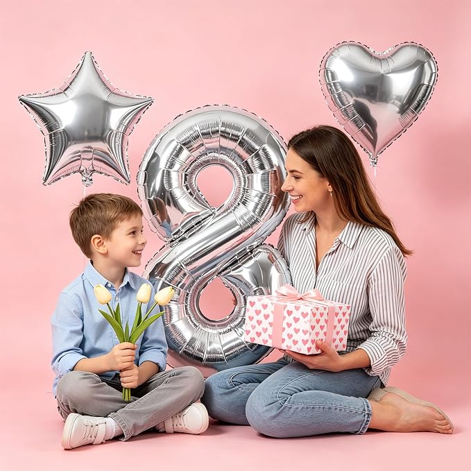 TONIFUL 8th Birthday Balloons Kit 40Inch Silver Large Number 8 Foil Balloon | - Image 3