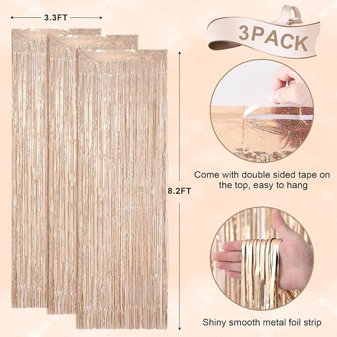 Voircoloria Laser Champagne Foil Backdrop Curtains, 3 Pack | Tinsel Streamers - Image 4