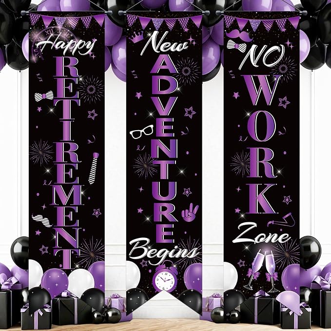3Pcs Retirement Porch Sign Door Hanging Banner Black Purple Happy Retirement by TagreSpike